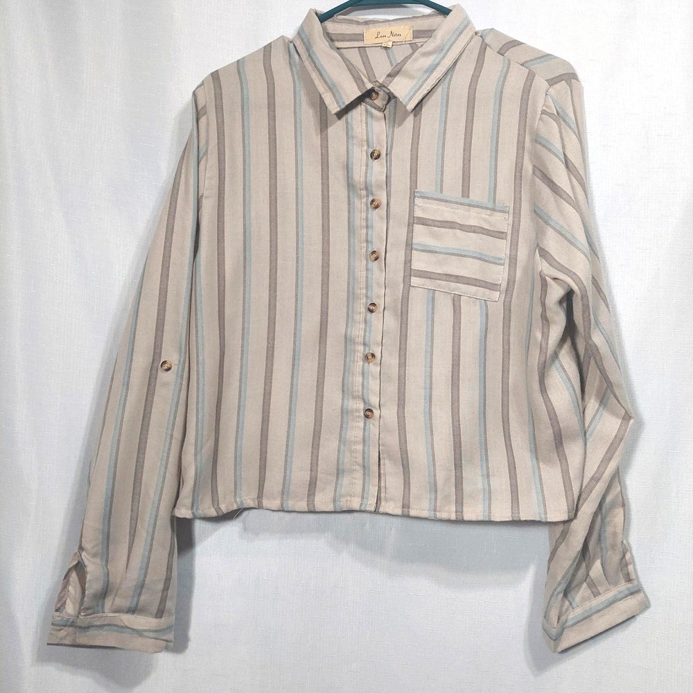 Love Notes Womens XL Shirt Cropped Boxy Long Button Tab Sleeves Striped‎ Cotton